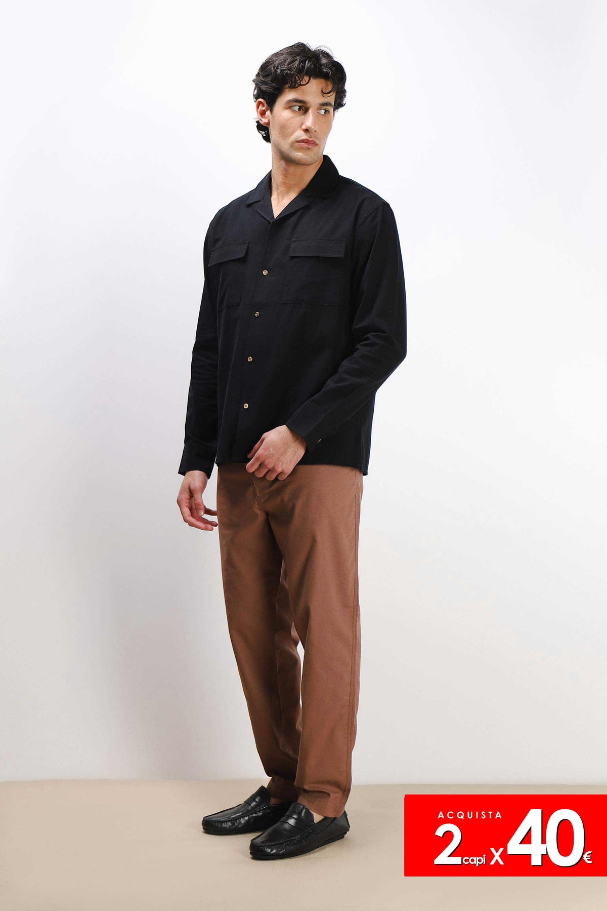 CAMICIA TASCHE FRONTALI COTONE SLUB NERO
