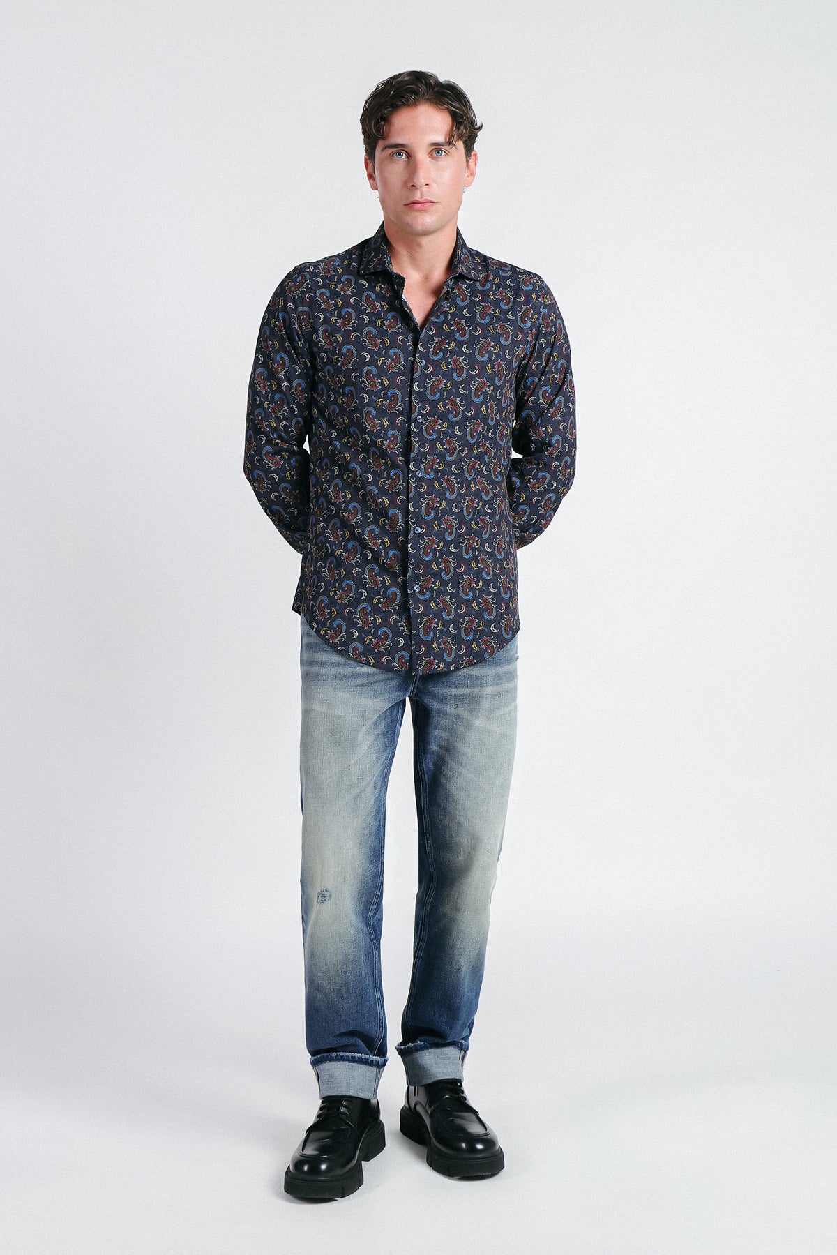 CAMICIA STRETCH STAMPATA F INDACO