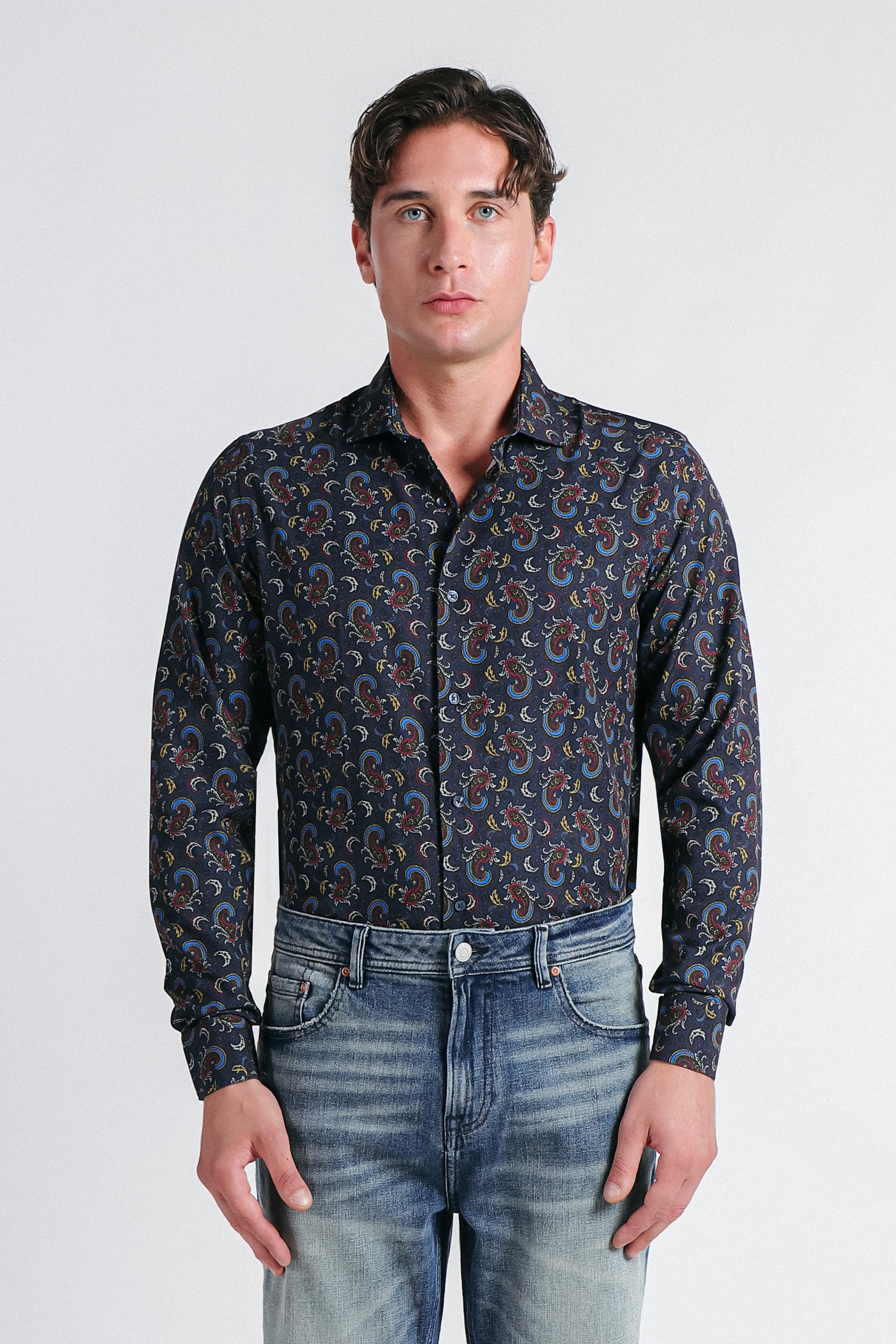 CAMICIA STRETCH STAMPATA F INDACO