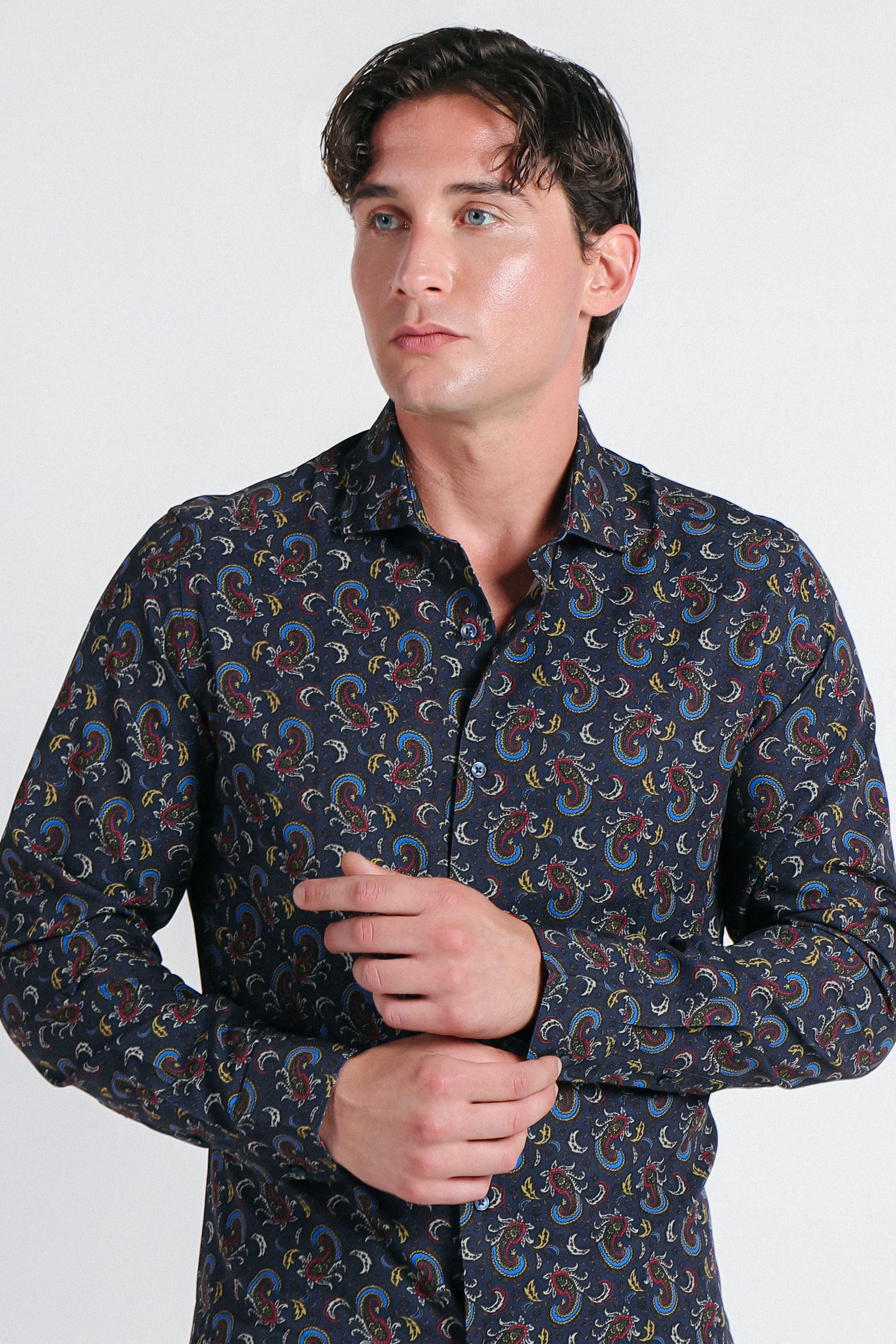 CAMICIA STRETCH STAMPATA F INDACO