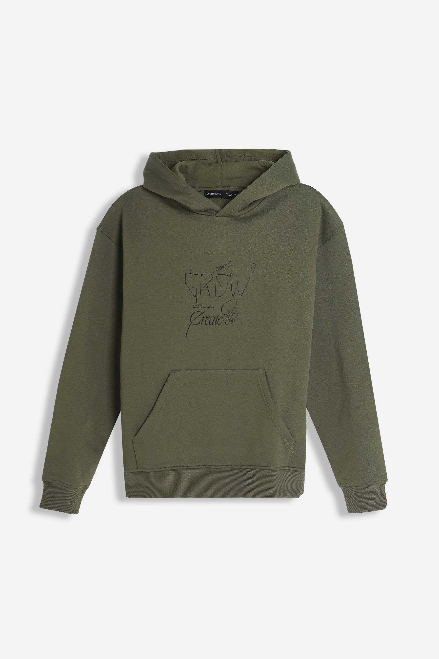Felpa uomo verde militare con cappuccio e stampa frontale Sonny Bono