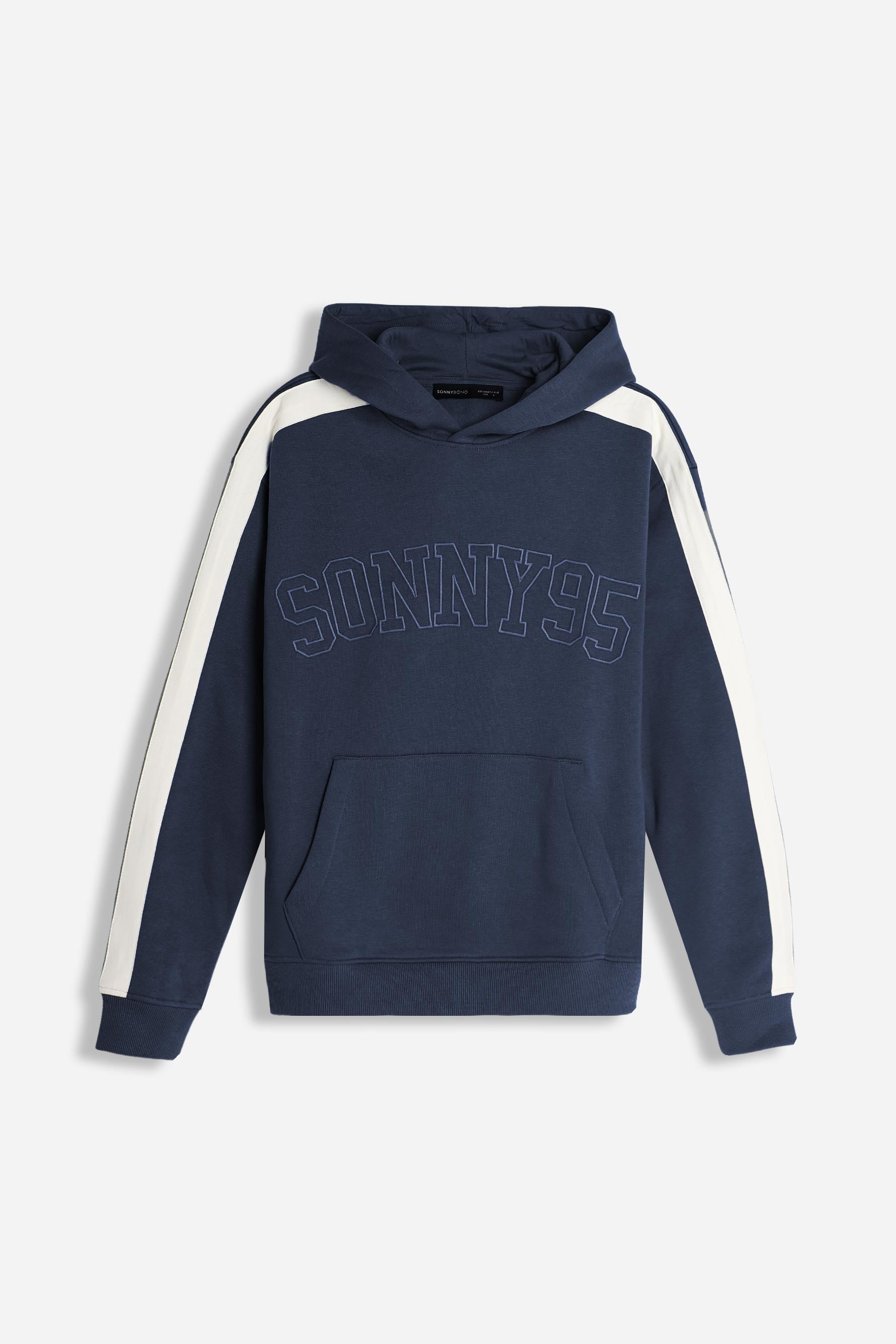 Felpa uomo bleu con cappuccio e bande rigate vista frontale