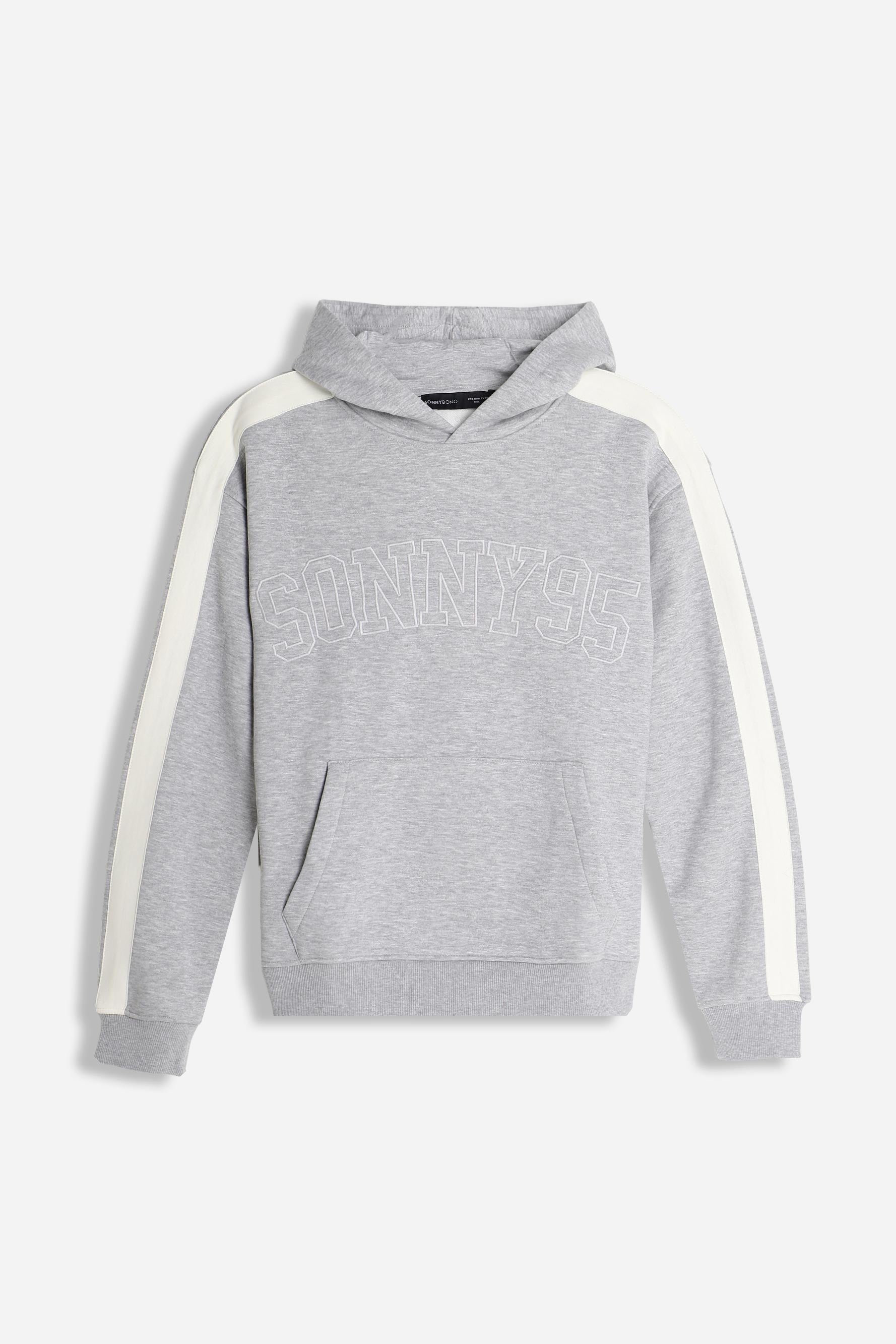 Felpa uomo grigio melange con cappuccio e bande rigate vista frontale