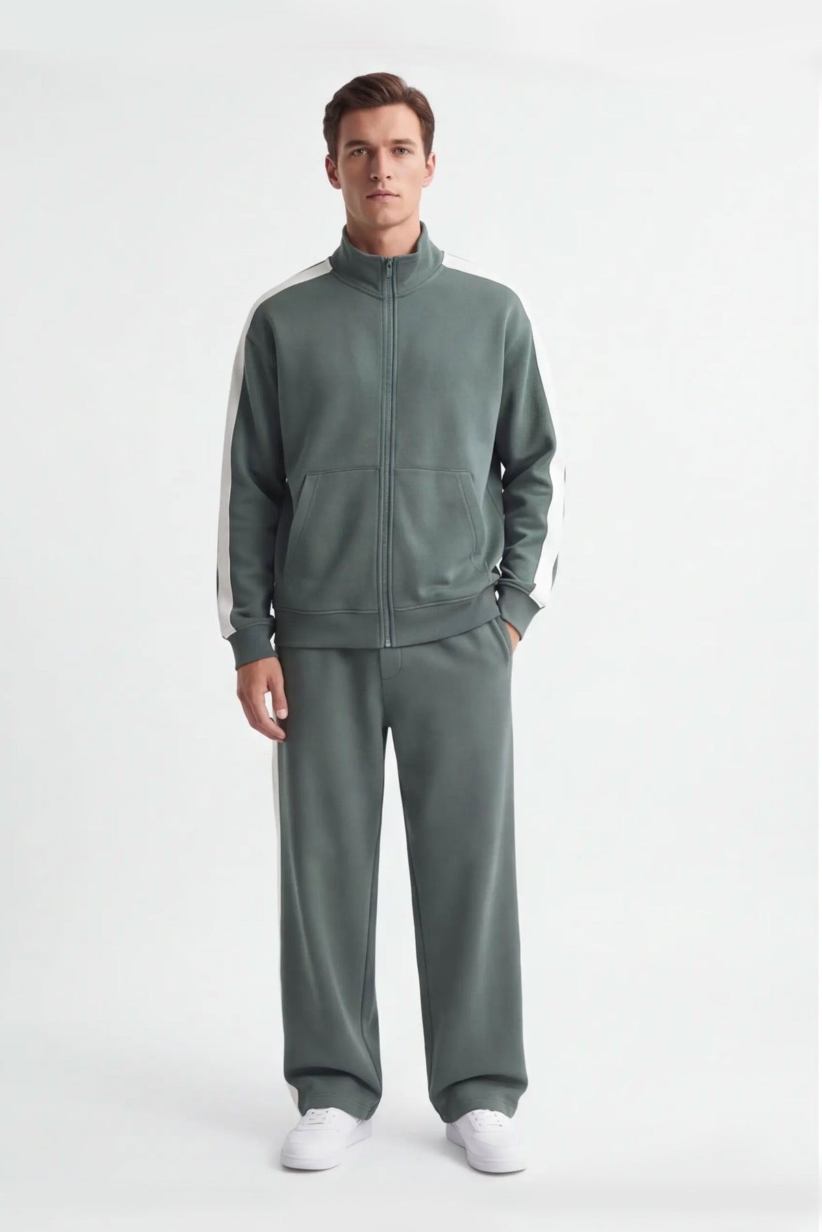 FELPA FULL ZIP CON CON RICAMO E BANDE IN CONTRASTO SULLE MANICHE VERDE BOSCO