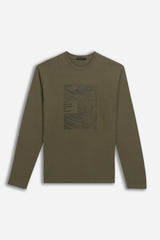 T-SHIRT GIROCOLLO STAMPATA MANICA LUNGA VERDE MILITARE