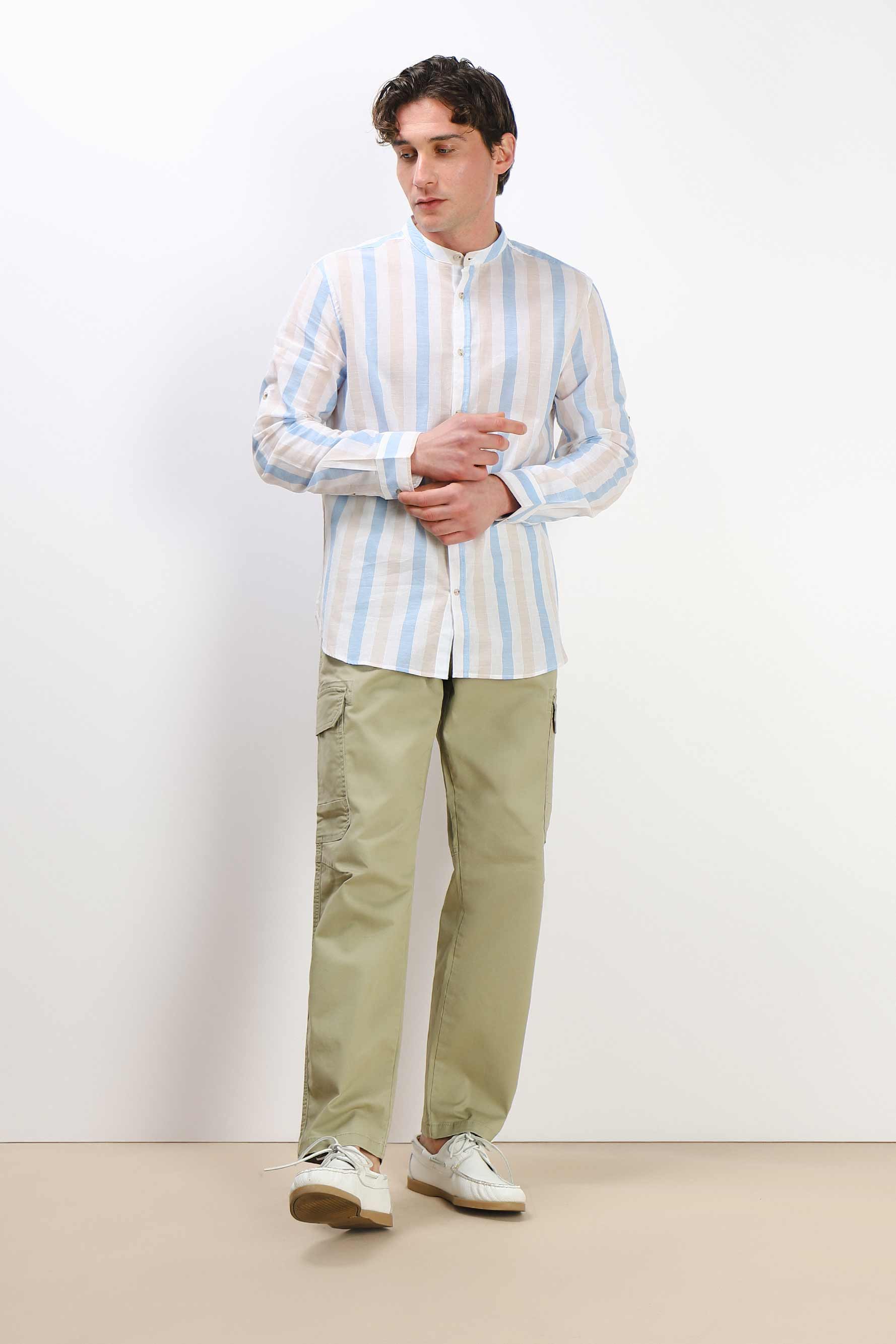 CAMICIA COLLO COREANO COTONE SLUB F AZZURRO