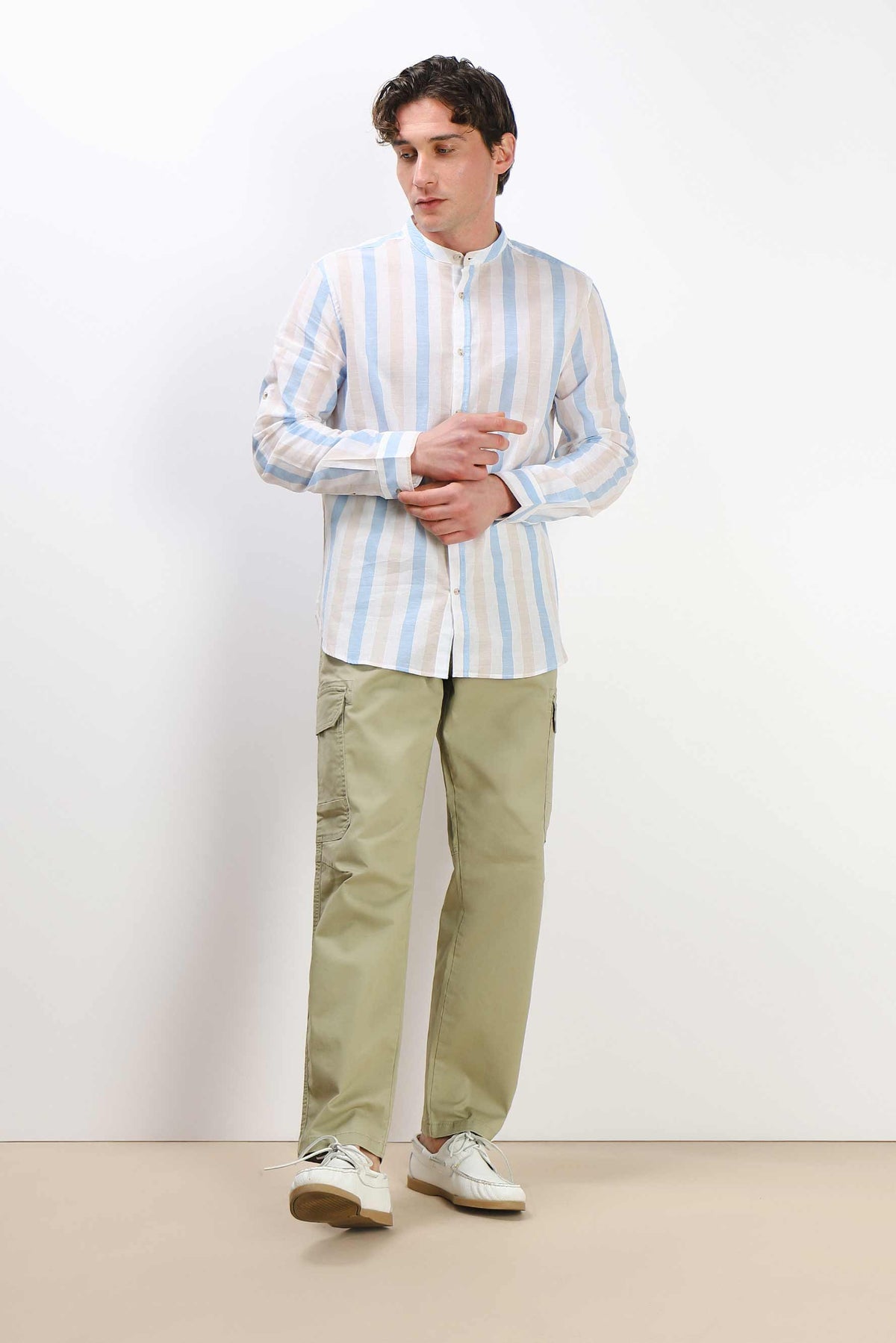 CAMICIA COLLO COREANO COTONE SLUB F AZZURRO