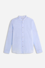CAMICIA COLLO COREANO COTONE SLUB AZZURRO