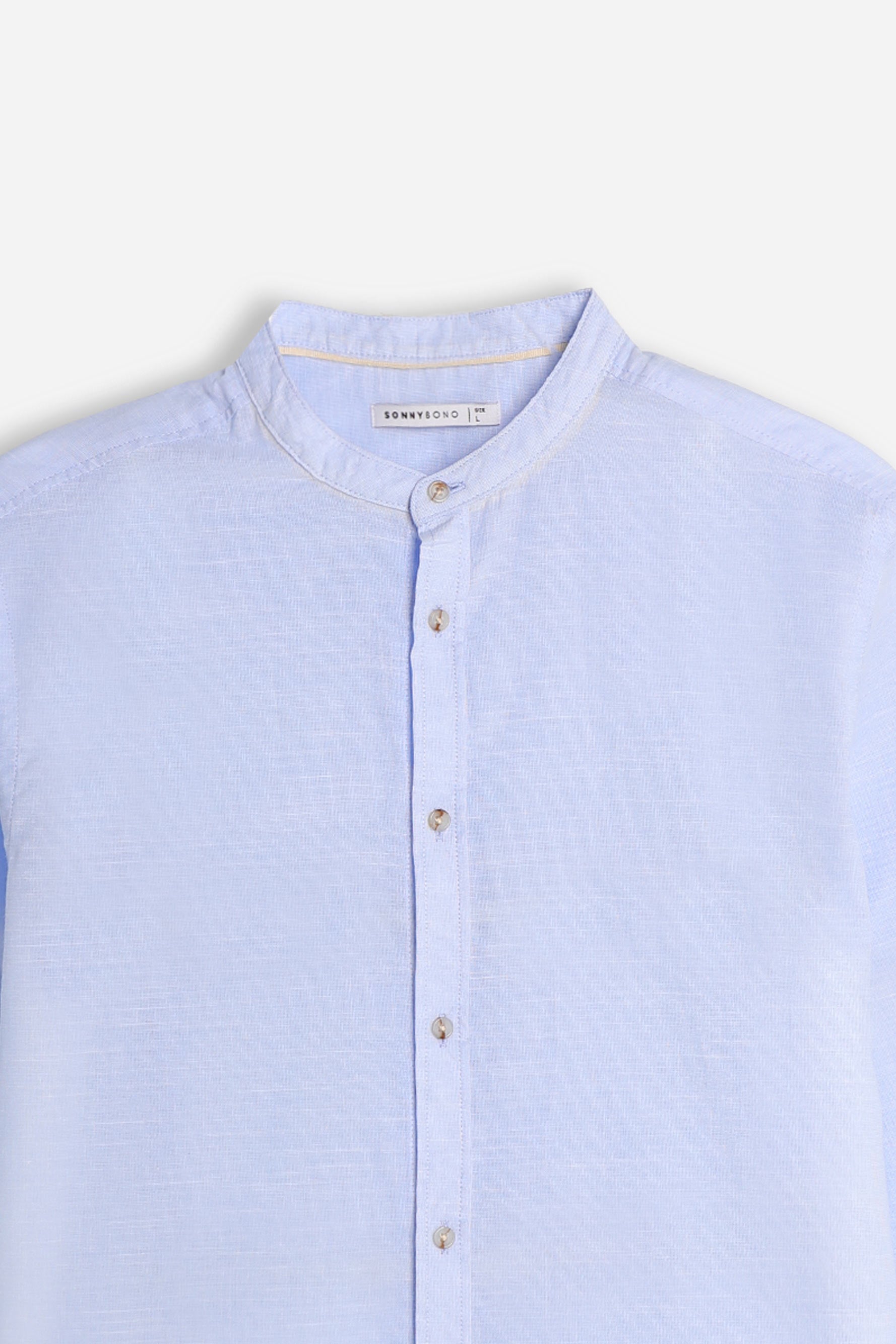 CAMICIA COLLO COREANO COTONE SLUB AZZURRO
