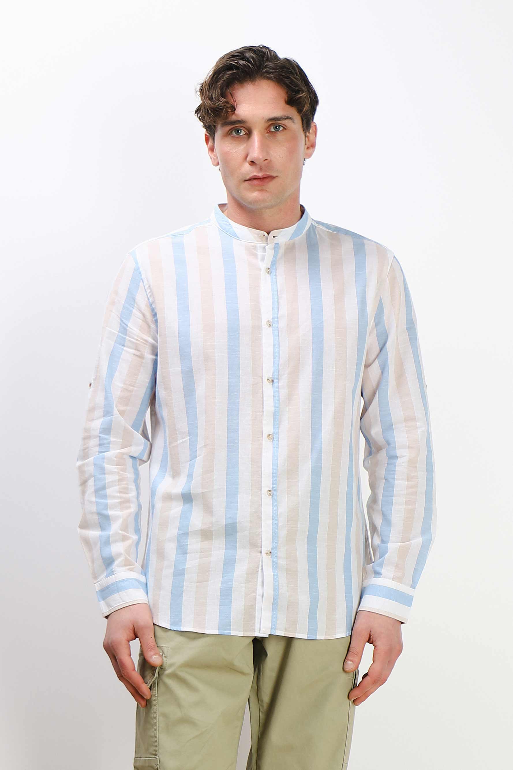 CAMICIA COLLO COREANO COTONE SLUB F AZZURRO