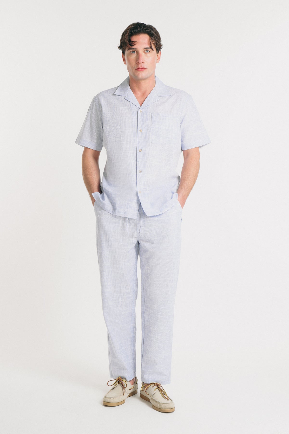 CAMICIA COLLO BOWLING IN SLUB AZZURRO