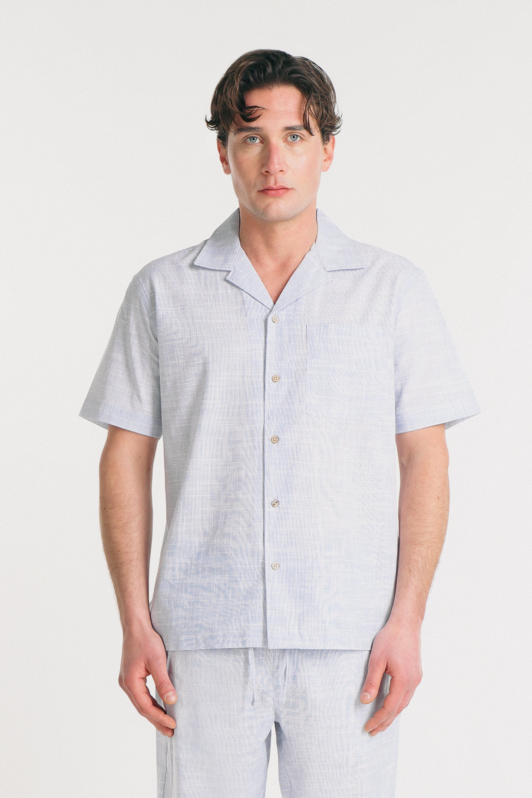 CAMICIA COLLO BOWLING IN SLUB AZZURRO