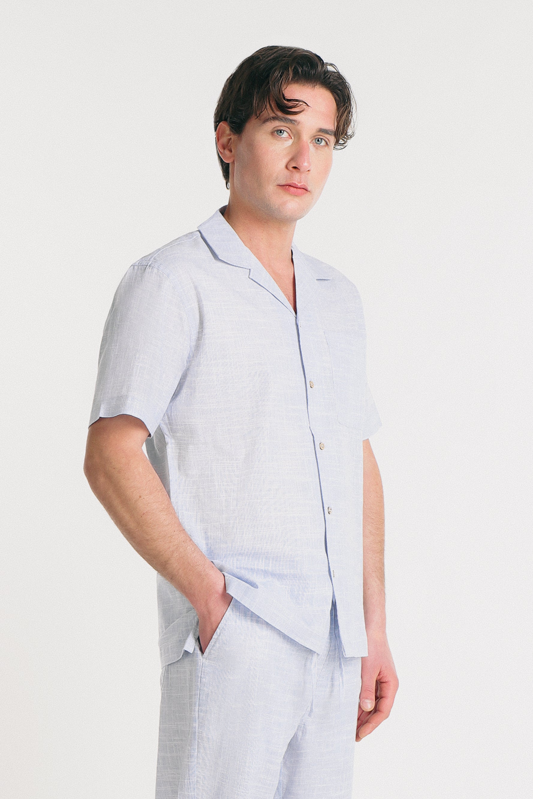 CAMICIA COLLO BOWLING IN SLUB AZZURRO