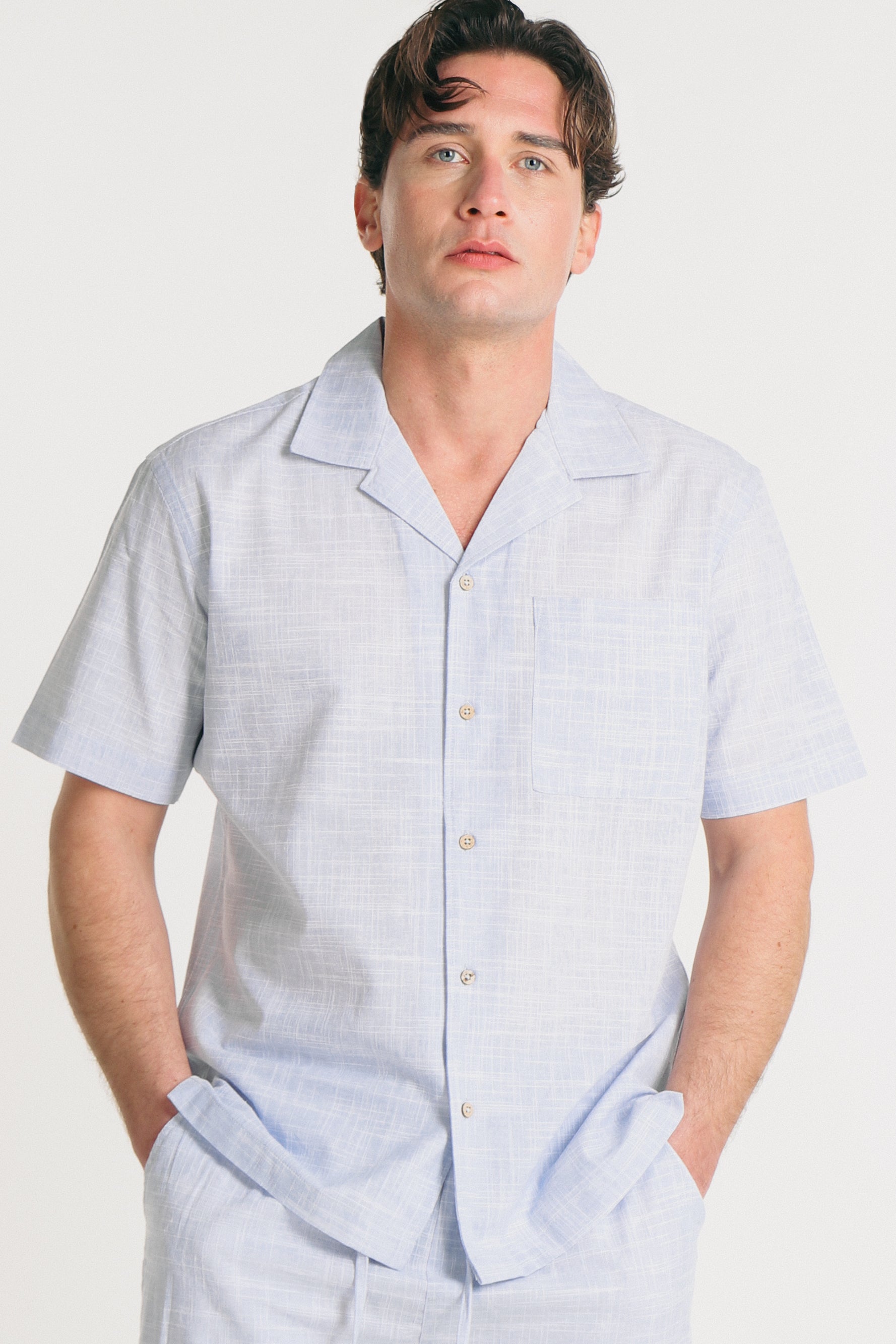 CAMICIA COLLO BOWLING IN SLUB AZZURRO