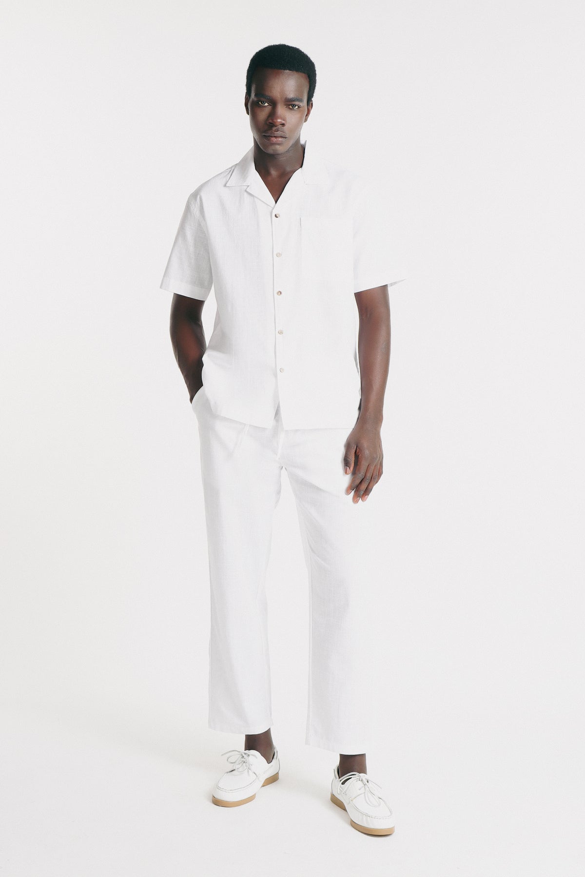 CAMICIA COLLO BOWLING IN SLUB BIANCO