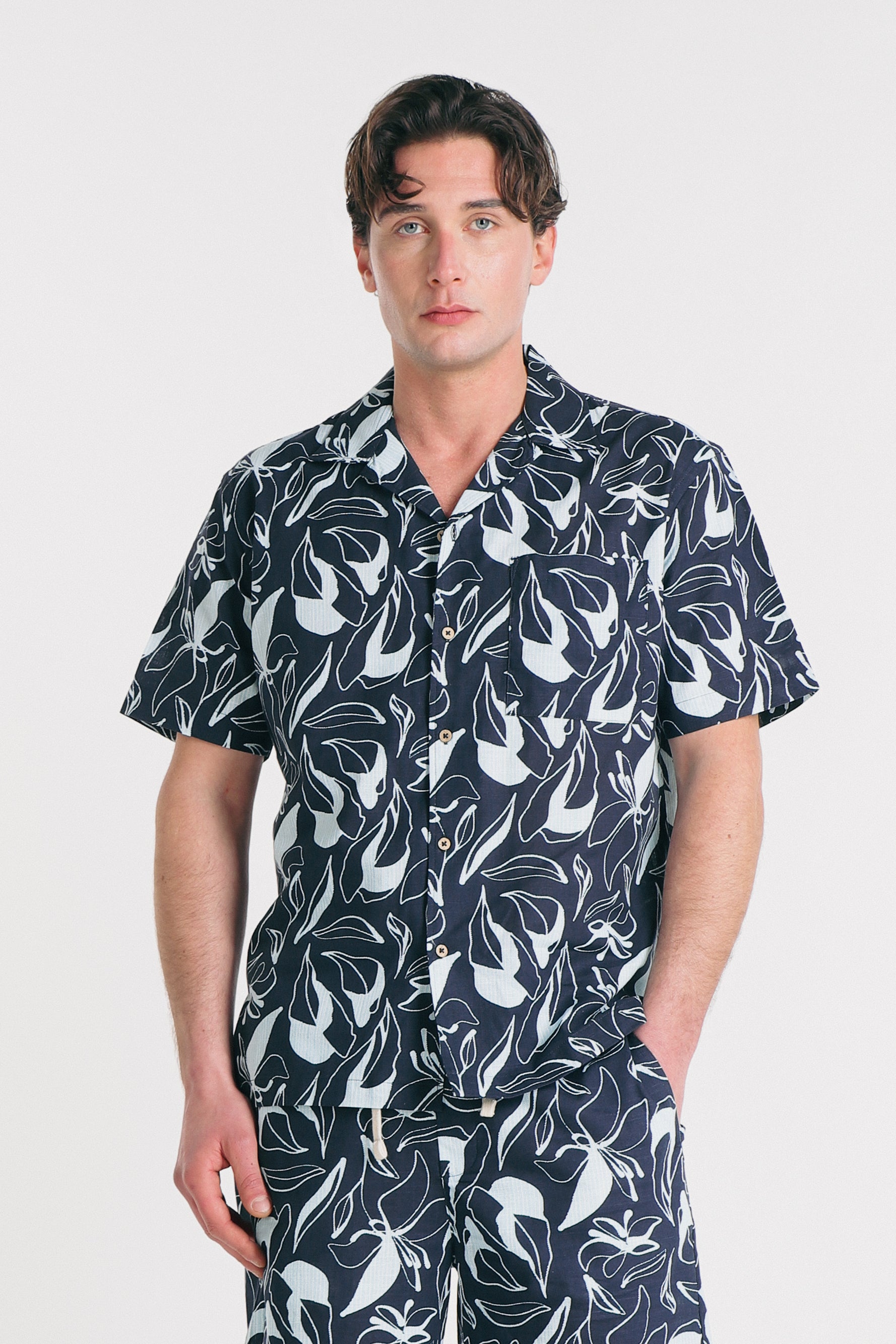CAMICIA COLLO BOWLING IN SLUB M BLEU
