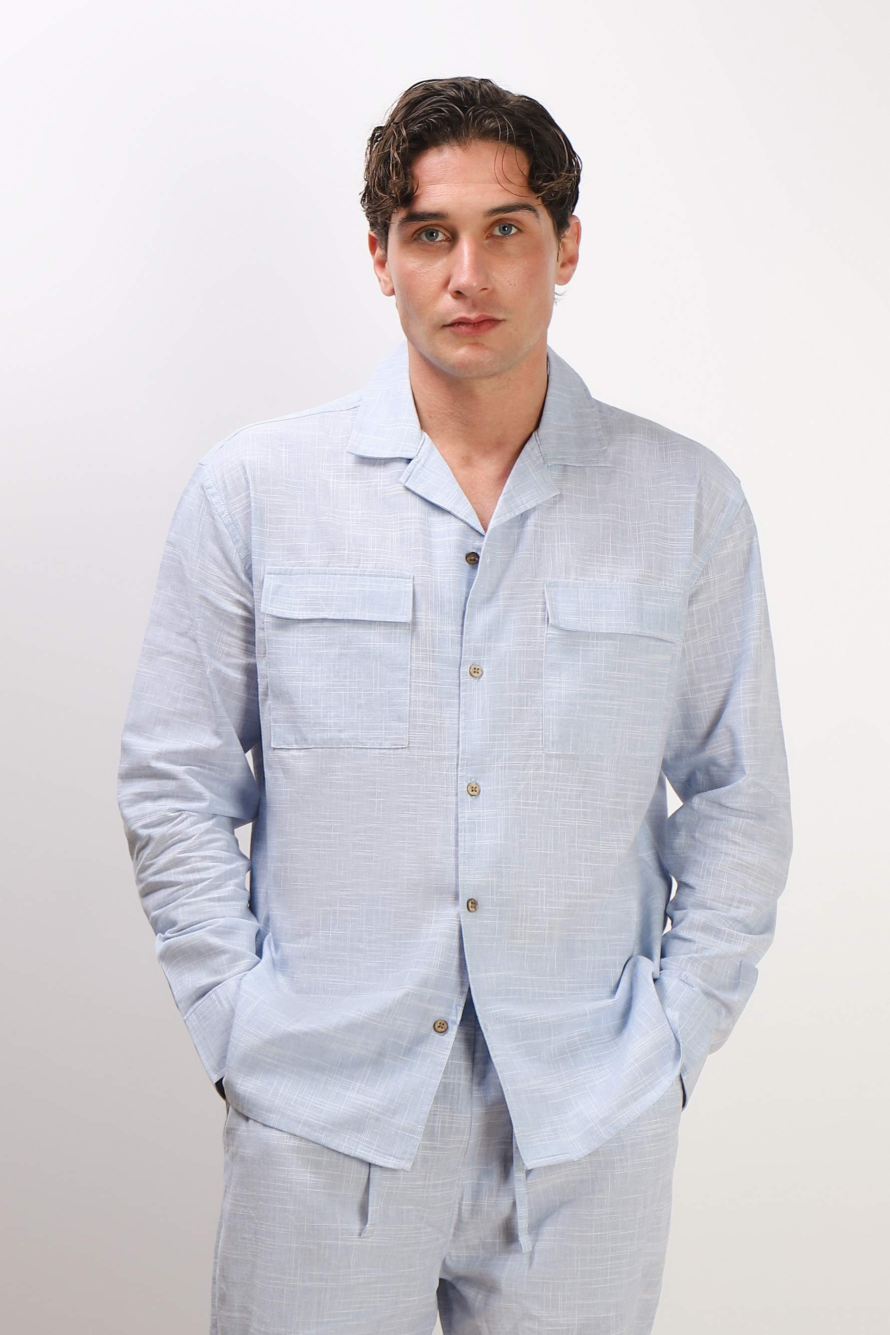 CAMICIA TASCHE FRONTALI COTONE SLUB AZZURRO