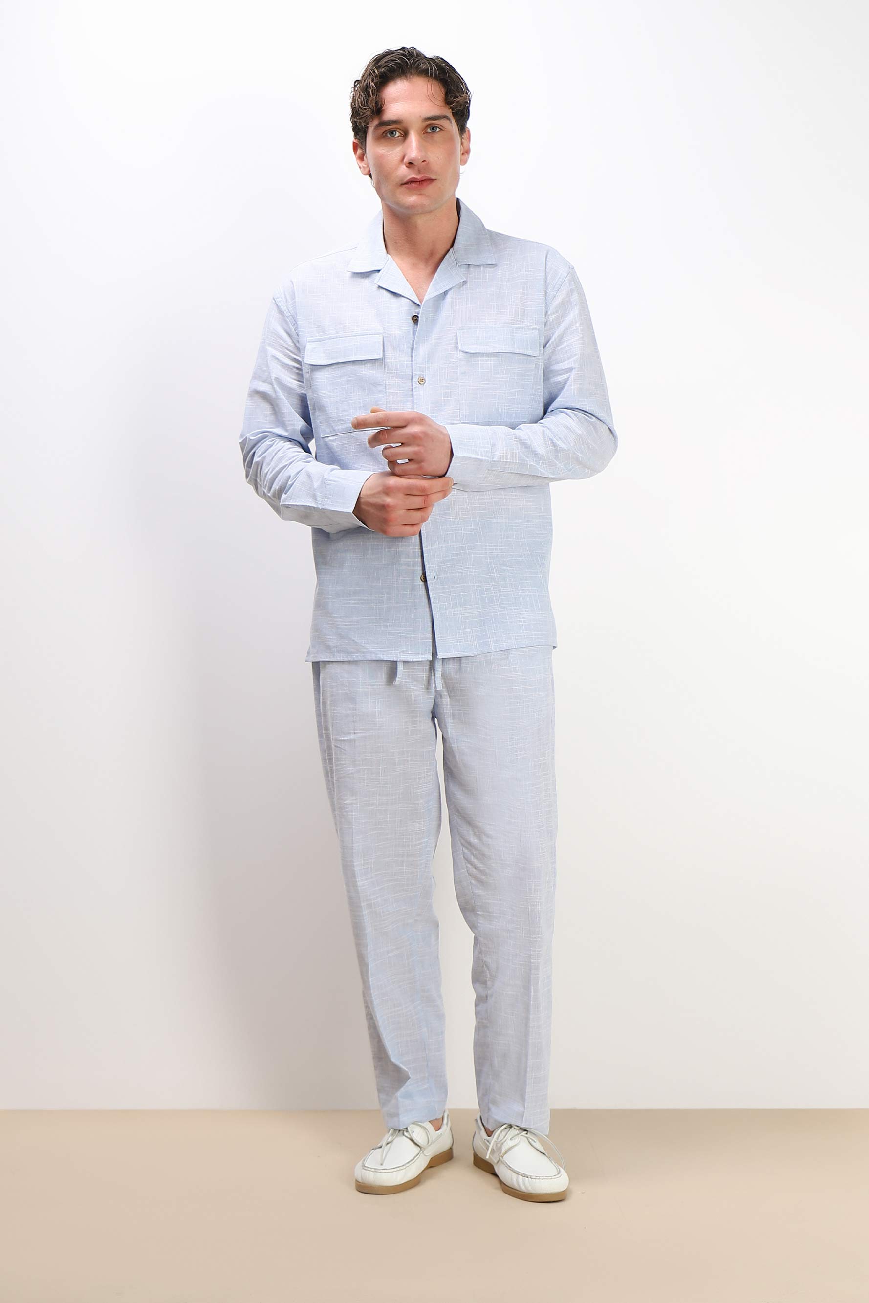 CAMICIA TASCHE FRONTALI COTONE SLUB AZZURRO
