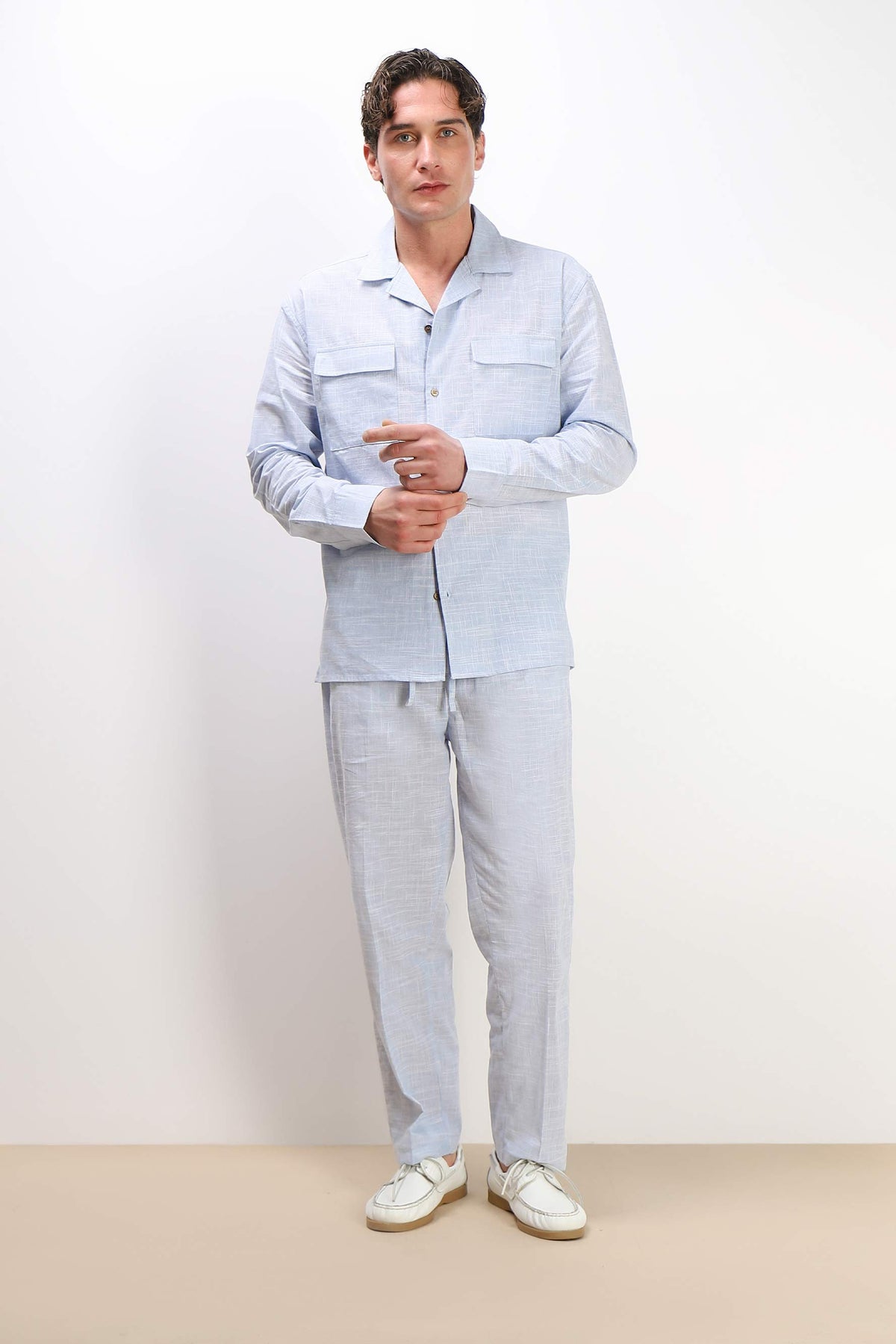 CAMICIA TASCHE FRONTALI COTONE SLUB AZZURRO