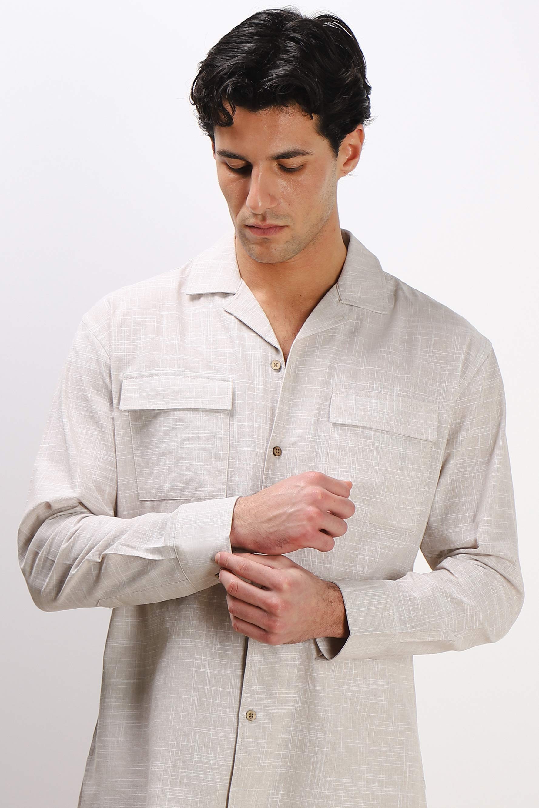 CAMICIA TASCHE FRONTALI COTONE SLUB FANGO