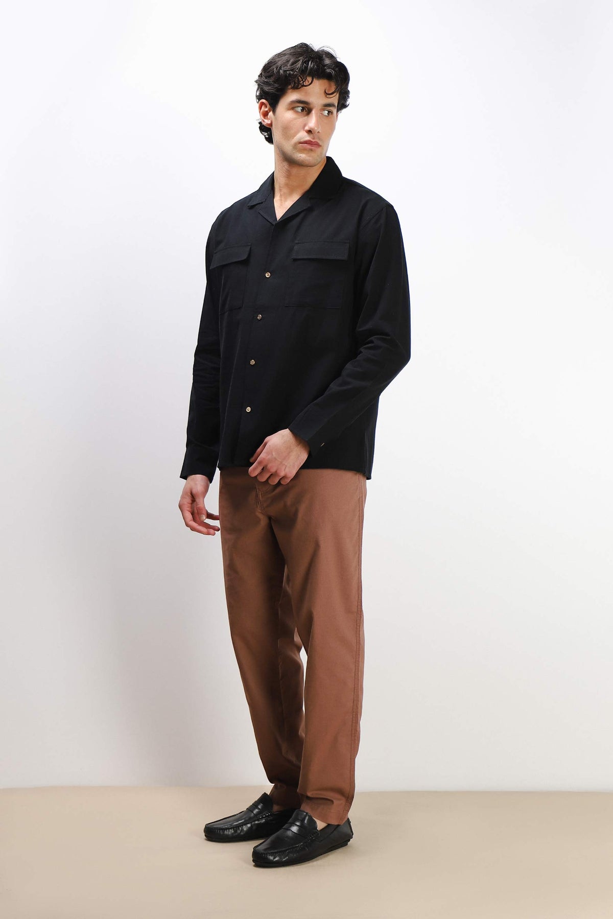 CAMICIA TASCHE FRONTALI COTONE SLUB NERO