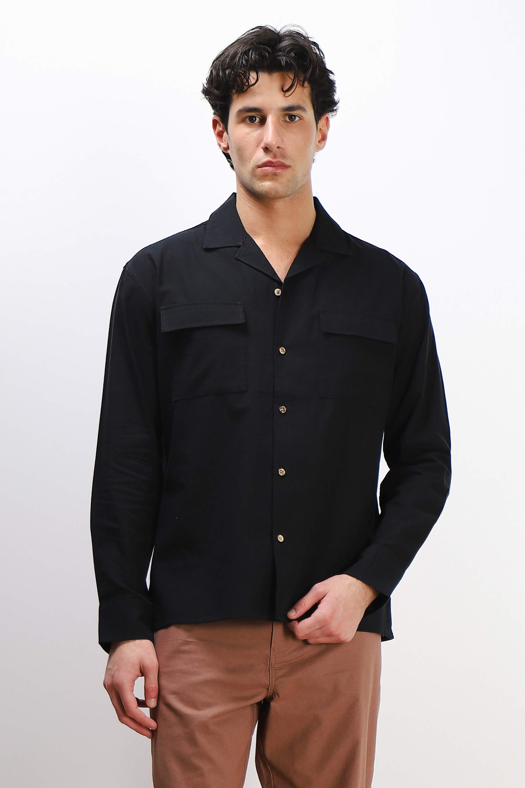 CAMICIA TASCHE FRONTALI COTONE SLUB NERO