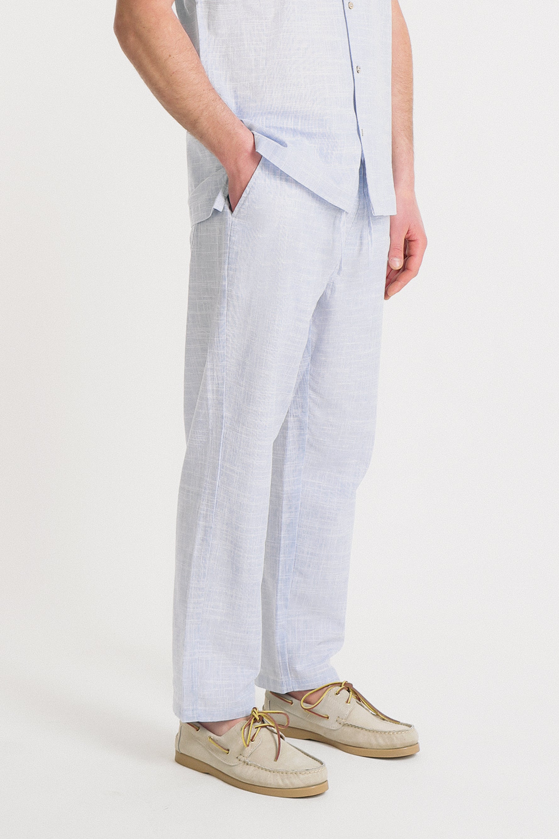 PANTALONE IN SLUB EFFETTO LINO AZZURRO