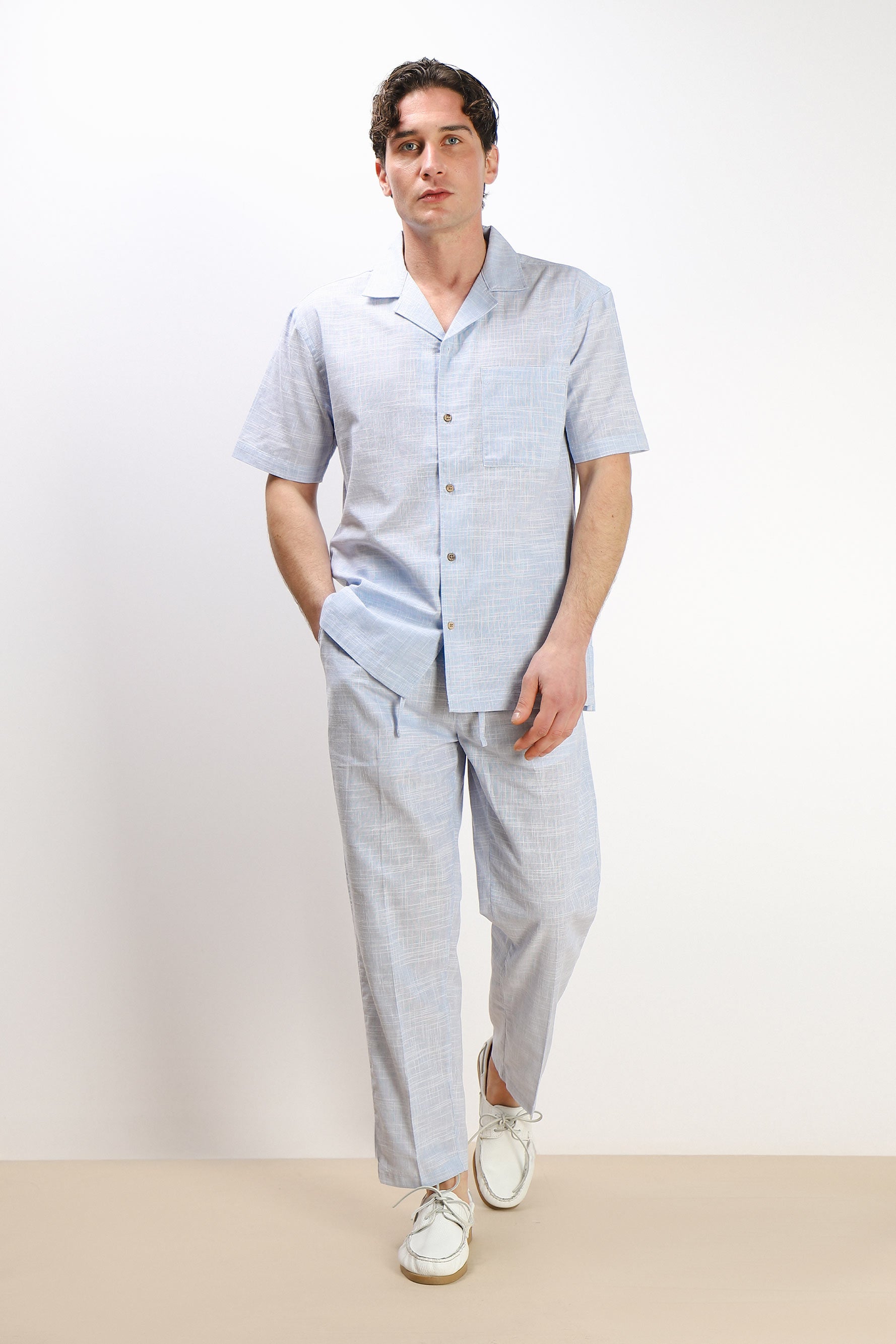 PANTALONE IN COTONE SLUB CON COULISSE AZZURRO
