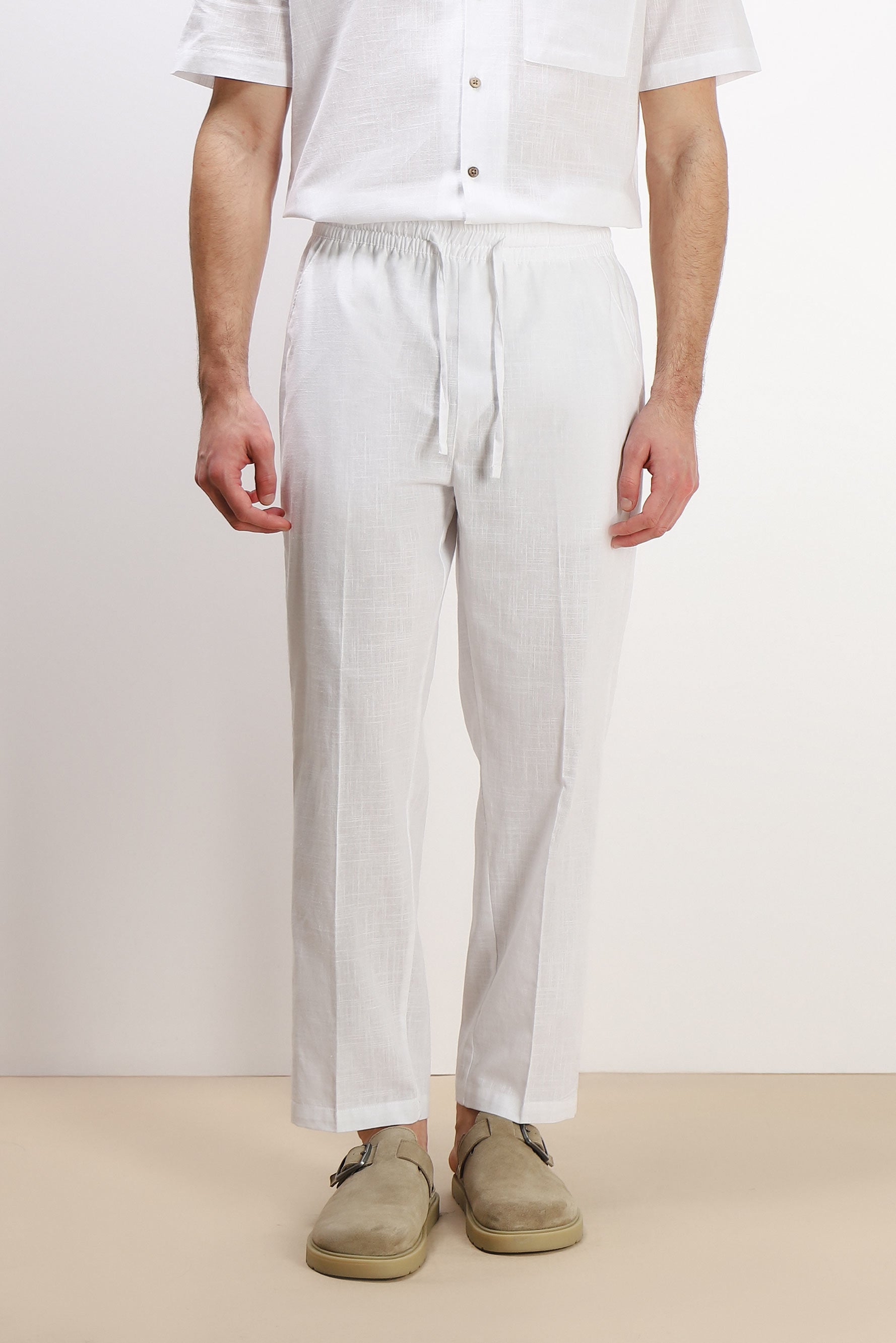 PANTALONE IN COTONE SLUB CON COULISSE BIANCO