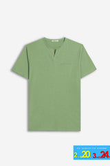 T-SHIRT COLLO A GOCCIA IN SLUB SALVIA