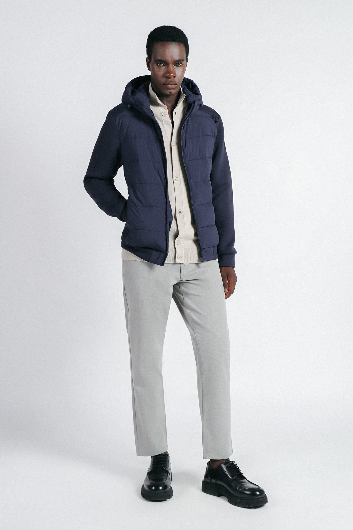 GIUBBOTTO DOPPIO TESSUTO CON CAPPUCCIO BLEU