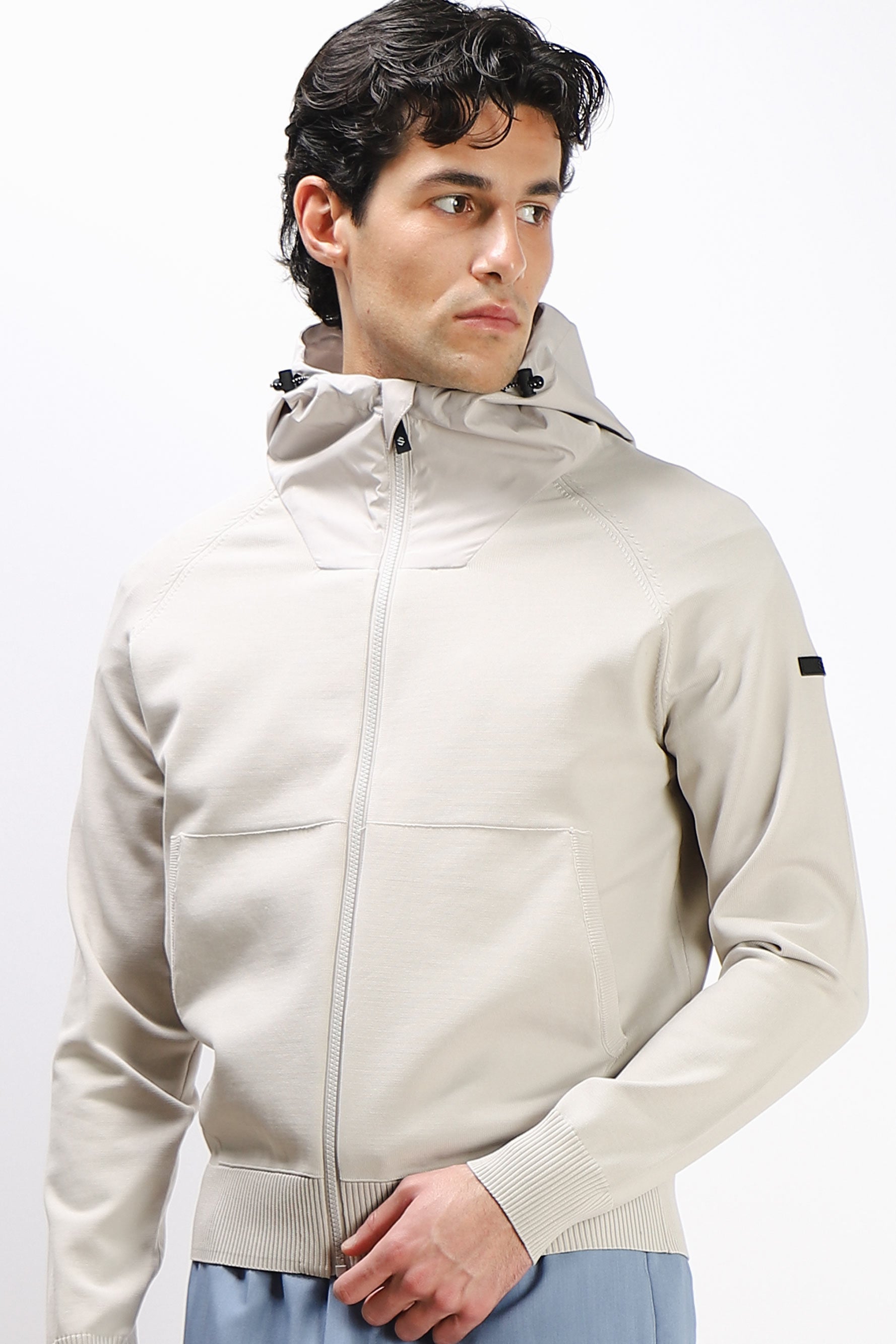 GIUBBOTTO BOMBER MAGLIA CON CAPPUCCIO A CONTRASTO GRIGIO