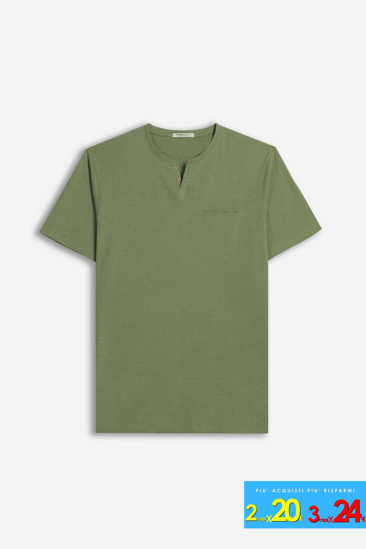 T-SHIRT COLLO A GOCCIA IN SLUB VERDE MILITARE