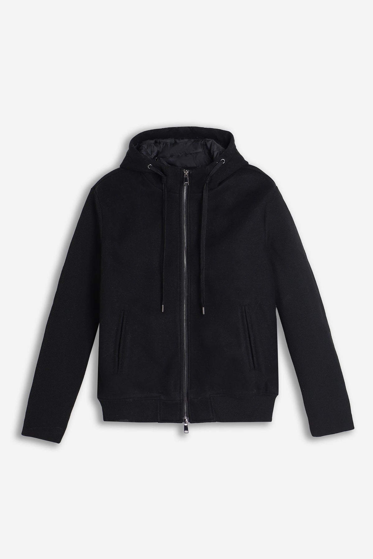 GIUBBOTTO IN PANNO FULL ZIP CON CAPPUCCIO E  MANICHE IN RIB NERO