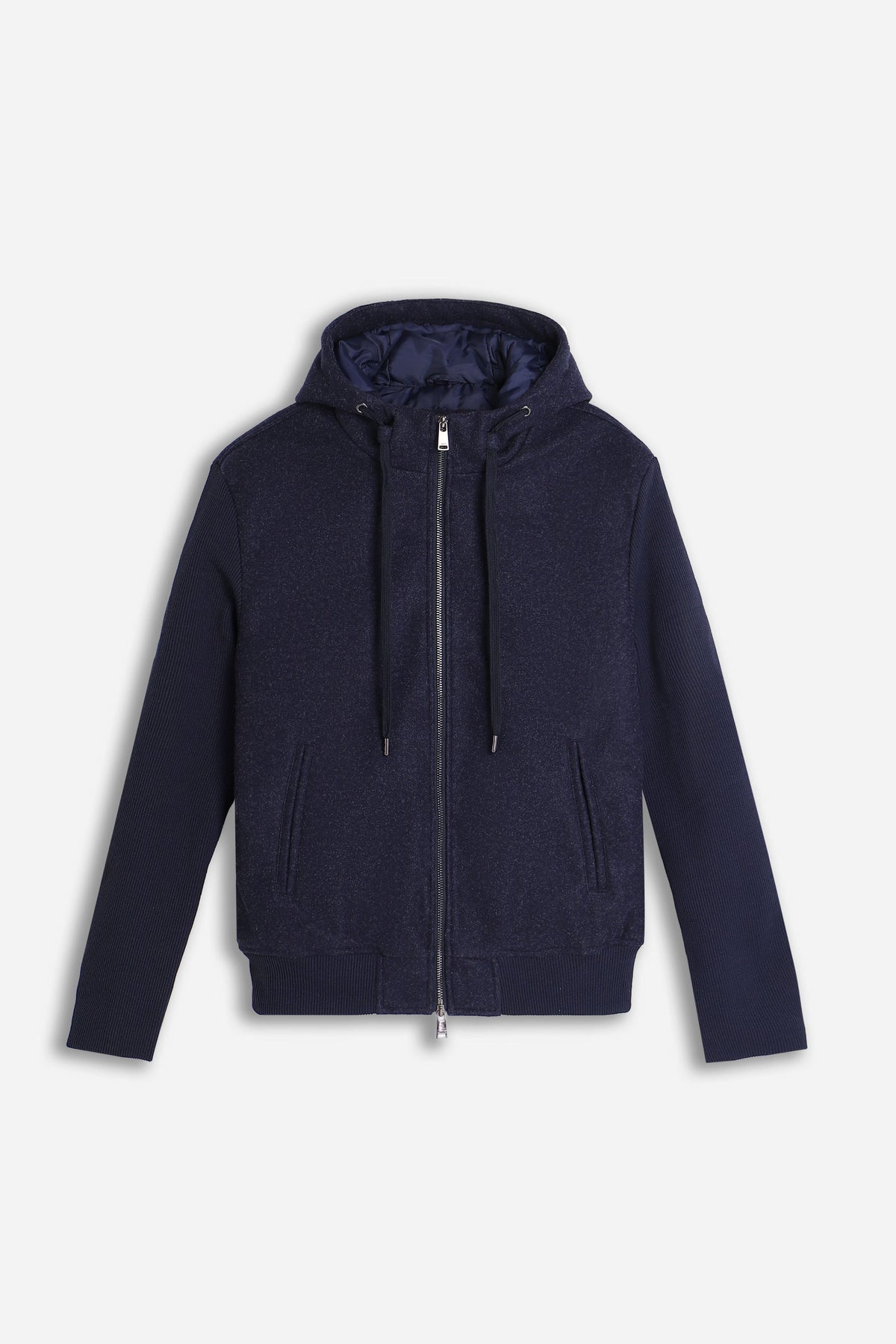 GIUBBOTTO IN PANNO FULL ZIP CON CAPPUCCIO E  MANICHE IN RIB M BLEU