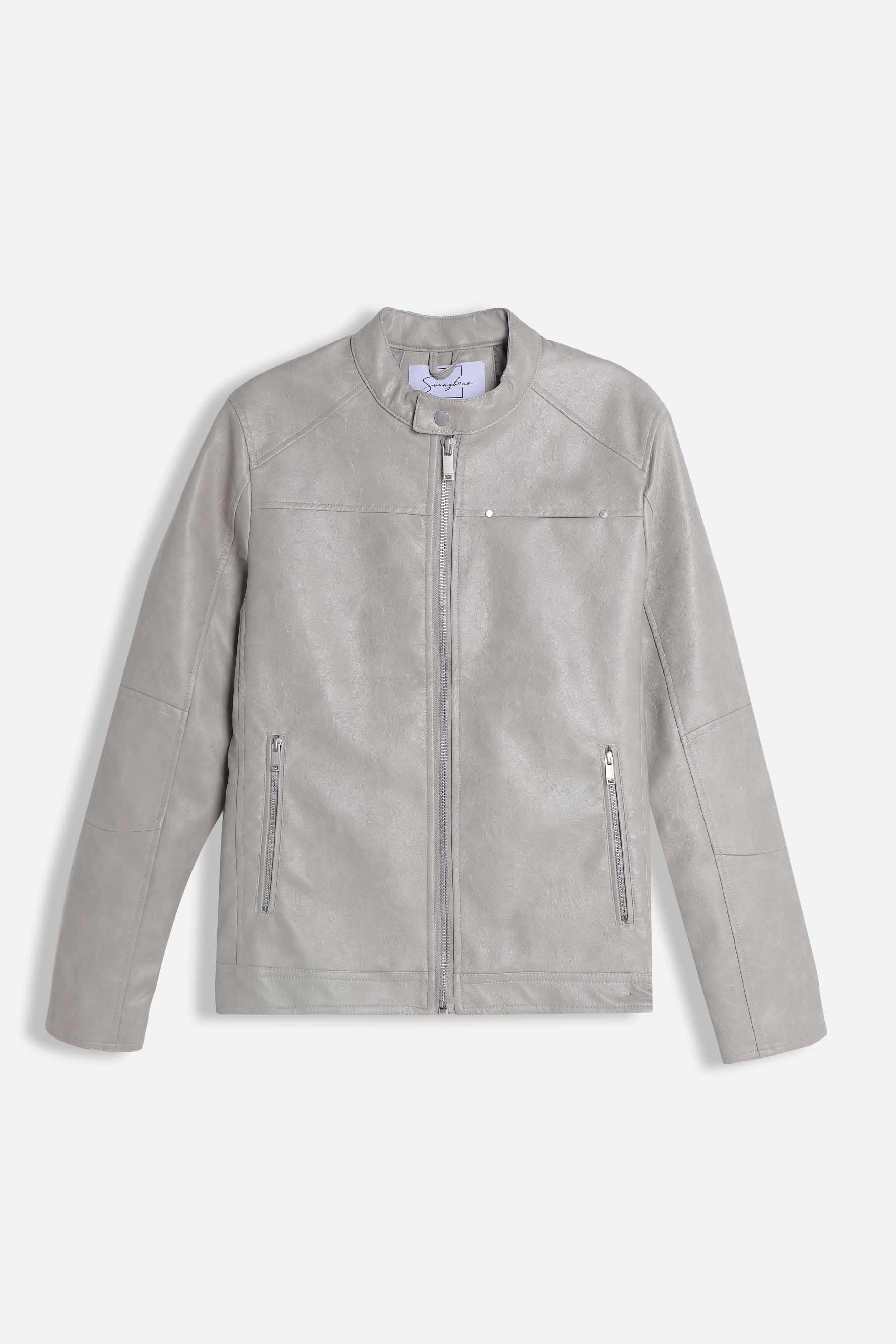 GIUBBOTTO BIKER EFFETTO PELLE GRIGIO CHIARO