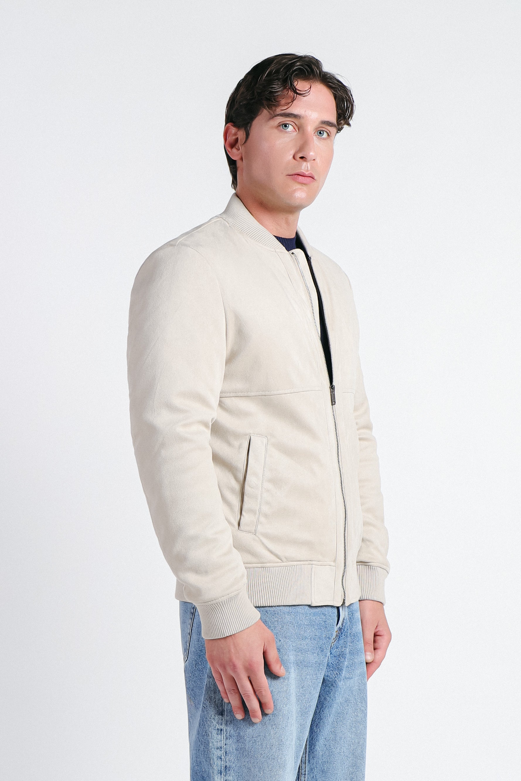 GIUBBOTTO BOMBER EFFETTO CAMOSCIO BEIGE CHIARO