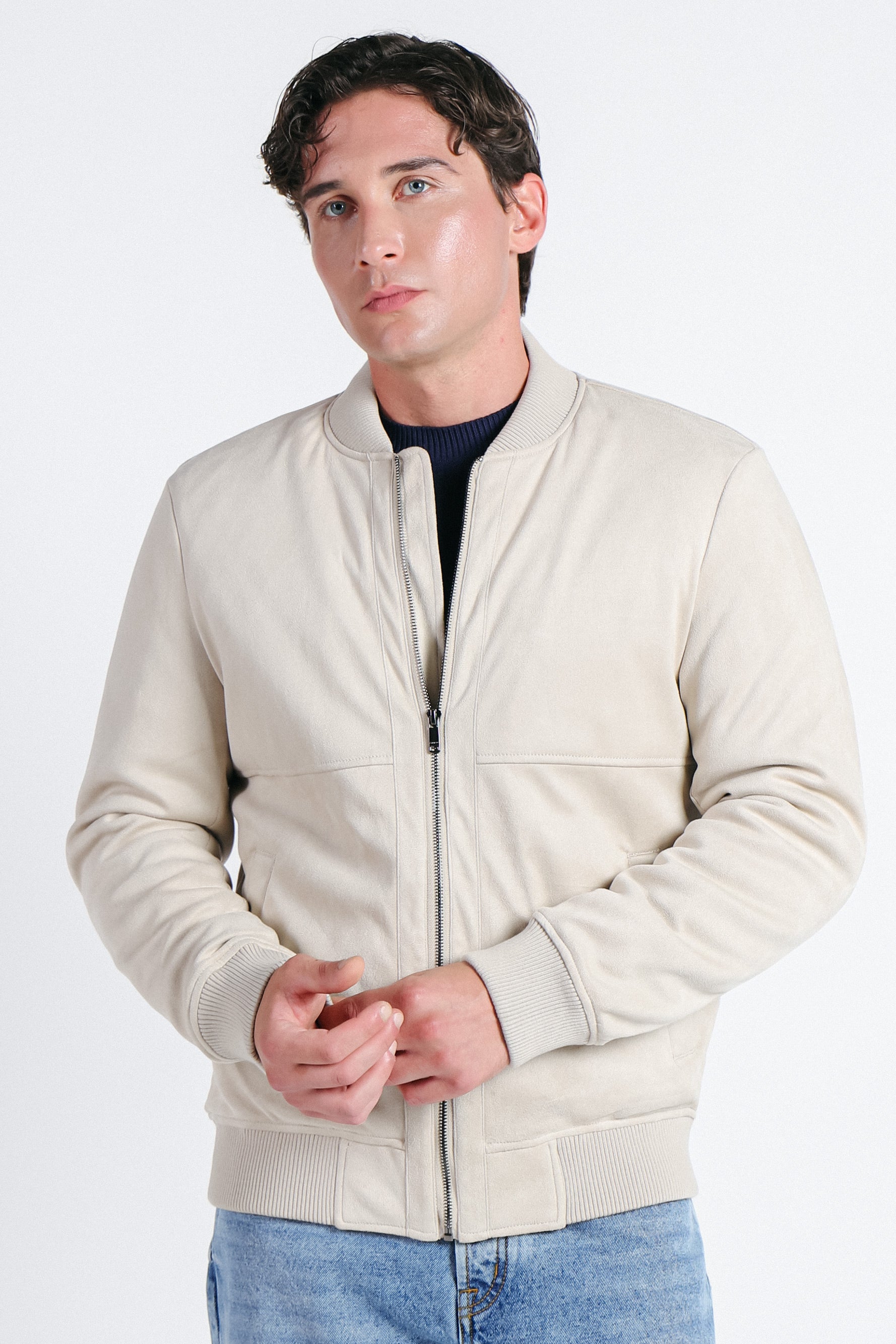 GIUBBOTTO BOMBER EFFETTO CAMOSCIO BEIGE CHIARO