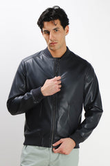 GIUBBOTTO BOMBER EFFETTO PELLE BLEU
