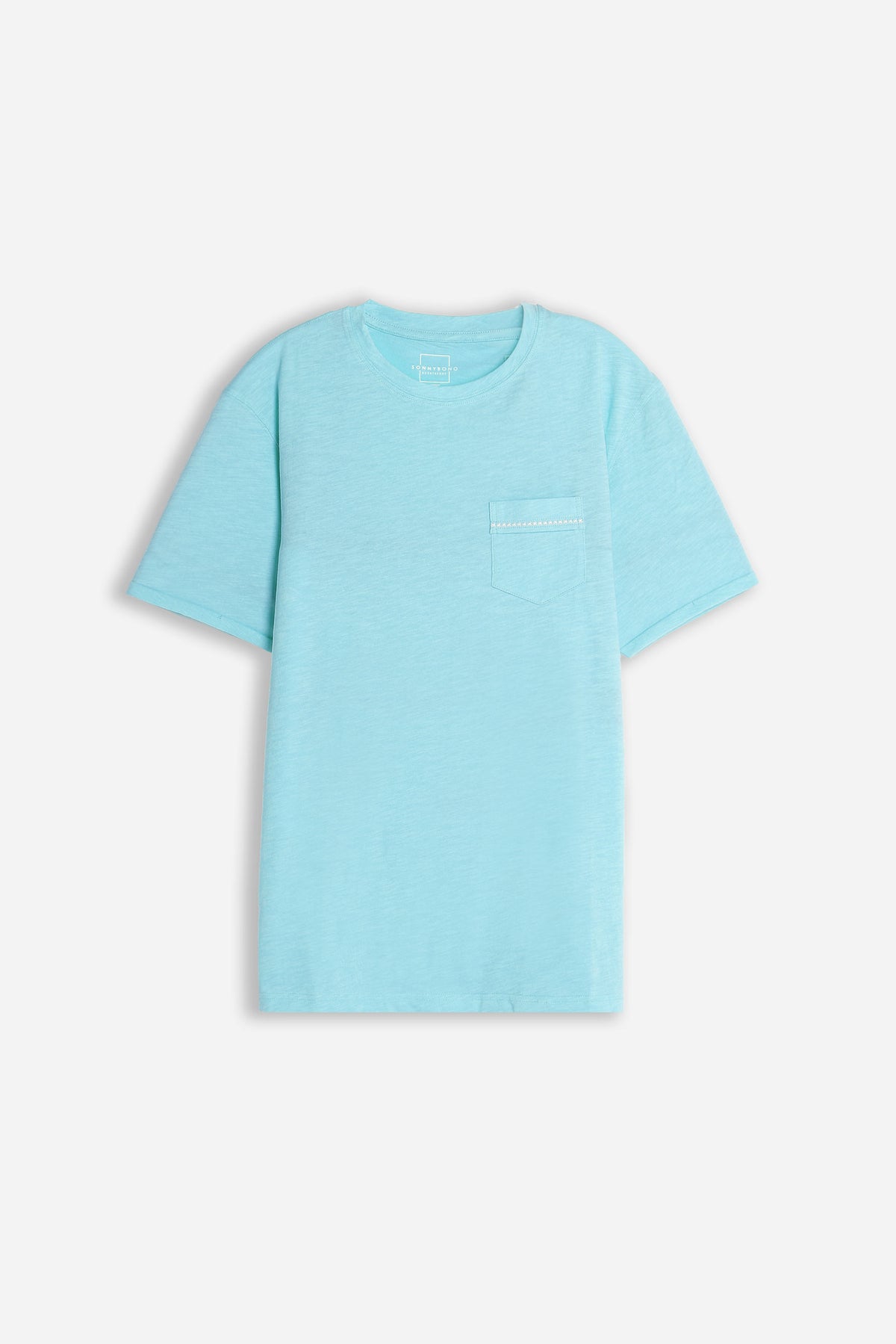 T-SHIRT GIROCOLLO SLUB  CON TASCHINO CELESTE