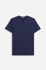 T-SHIRT COLLO A GOCCIA IN SLUB INDACO 