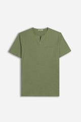 T-SHIRT COLLO A GOCCIA IN SLUB VERDE MILITARE 