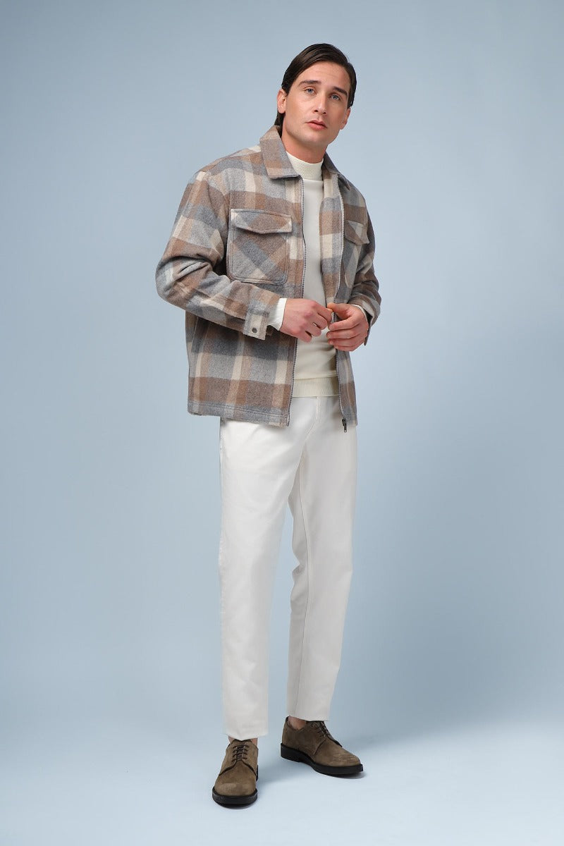 GIUBBOTTO OVERSHIRT A QUADRI BEIGE - Sonnybono
