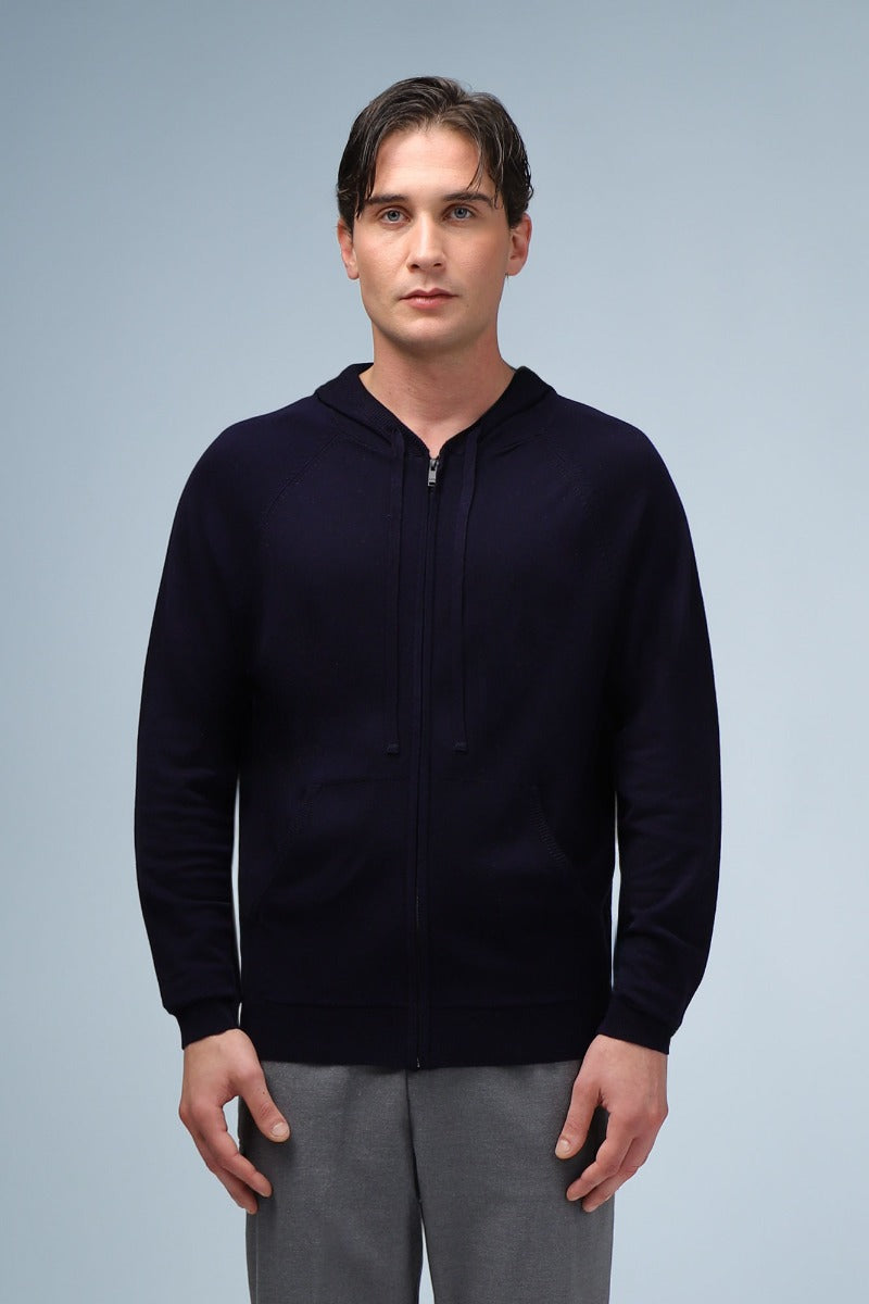 MAGLIA CON CAPPUCCIO ZIP E MARSUPIO BLEU