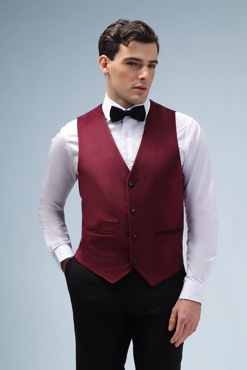 GILET MONOPETTO IN VELLUTO LISCIO BORDEAUX